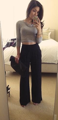 gray cropped long sleeve shaping tee with black high waist trousers