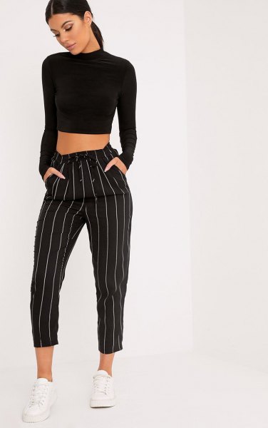 black cropped sweater with mock neck with striped cropped wide leg pants