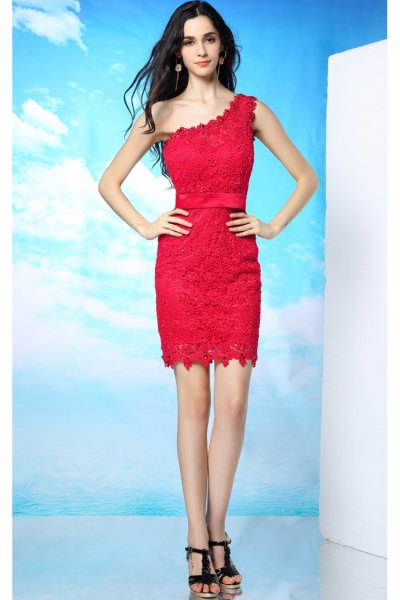 red lace dress with a shoulder with black heels
