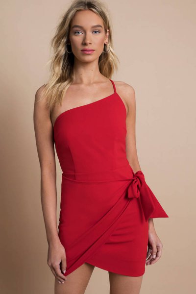 red one shoulder spaghetti strap mini wrap dress