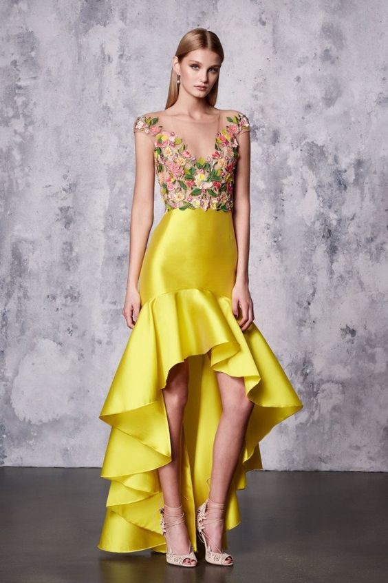 high low ball gown yellow floral