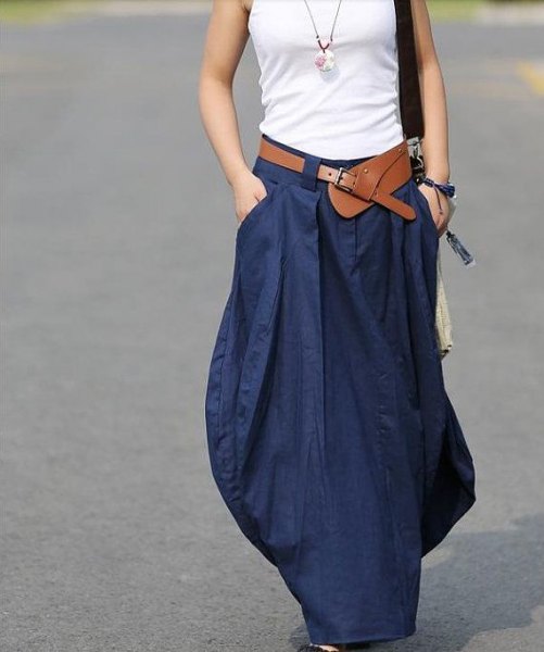 white vest top with navy blue maxi linen skirt
