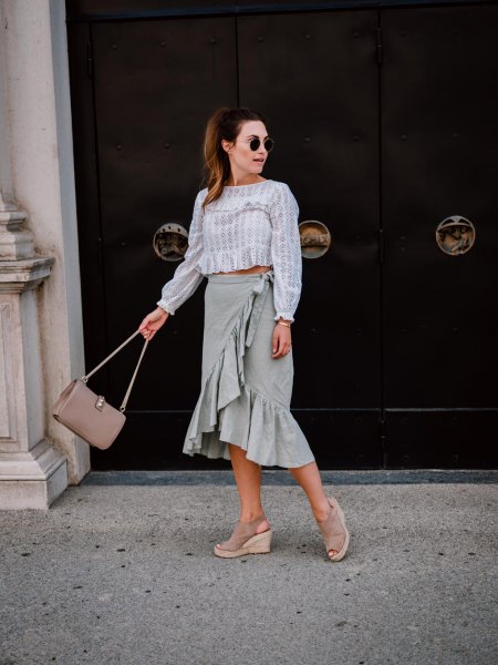 gray and white striped blouse with waist skirt with ruffle packaging