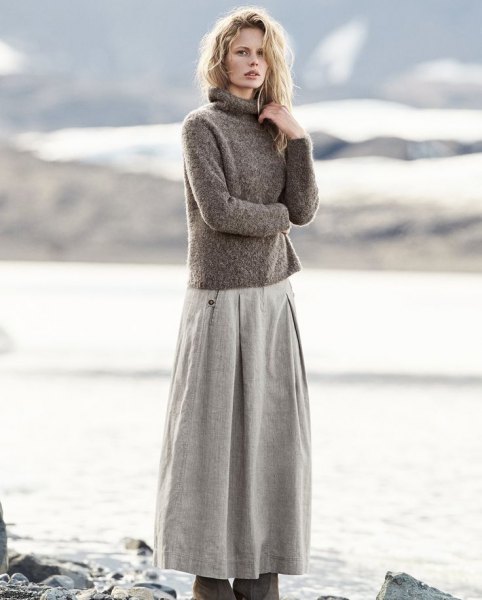 gray sweater neck knit sweater with maxi extended linen skirt