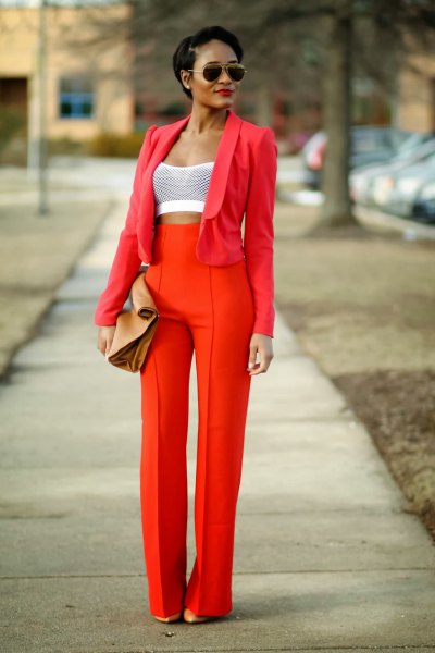 red suit with white crop top