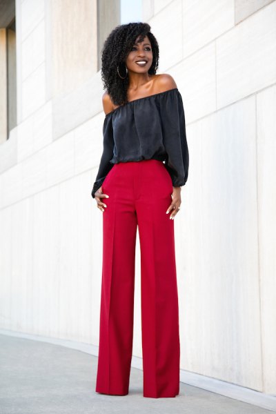 black of the shoulder blouse with red leggings
