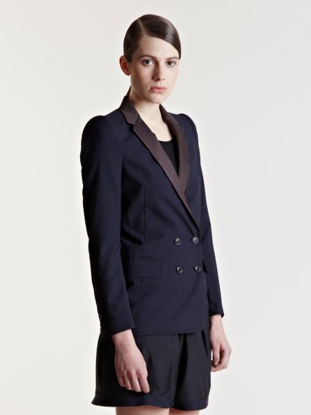 black double breasted suit jacket with matching floating shorts