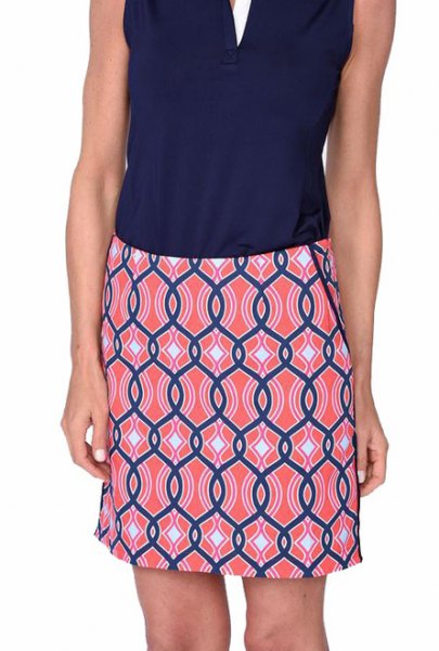 navy blue v-neck sleeveless top with blue and pink skirts