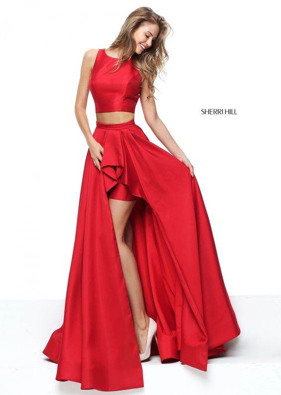 red high low dress coral two together 