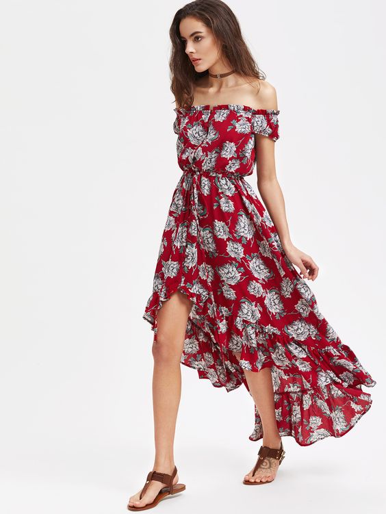 red high low dress floral from shouler 