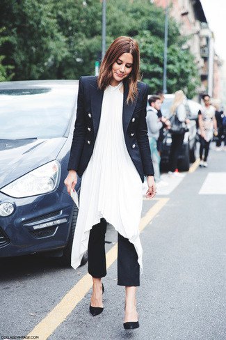 double breasted blazer with white dress with high sides and black pants