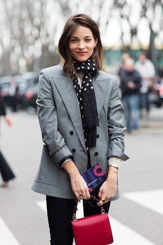 gray blazer with black and white polka dot scarf
