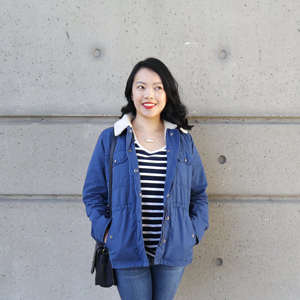 blue sherpa lined jacket with striped v-neck tee