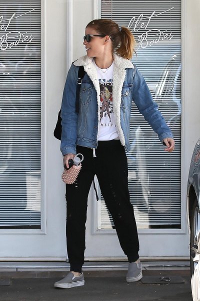 blue denim sherpa lined jacket with white print tee and jogging pants