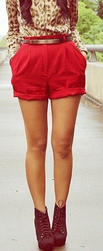 red high waist shorts with leopard print button up shirt