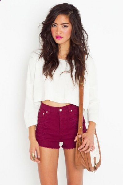 white long sleeve crop top with burgundy shorts