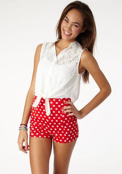white knotted lace sleeveless top with red polka dot shorts