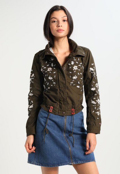 green floral embroidered jacket with blue denim mini skirt