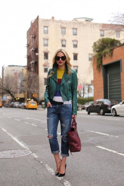 green leather jacket striped sweater