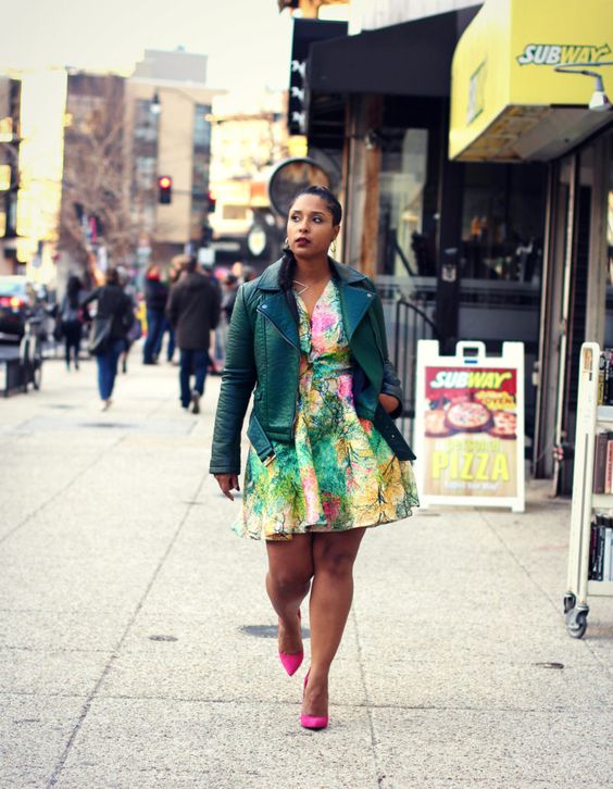 green leather jacket colorful dress