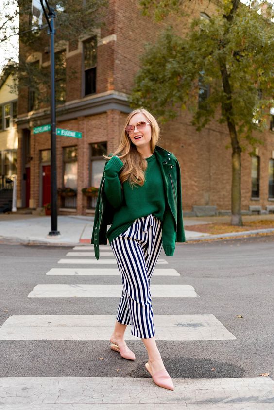 green leather jacket striped pants