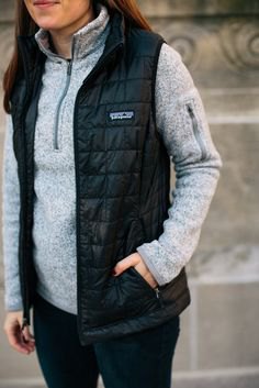 fleece sweater with black quilted vest