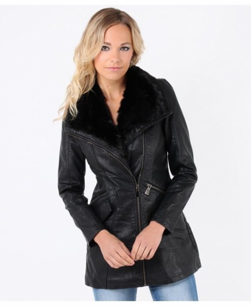 black leather jacket in faux fur