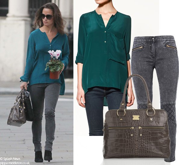 teal long sleeve linen shirt with gray skinny jeans