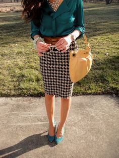 dark teal silk button up shirt with black and white patterned pencil skirt