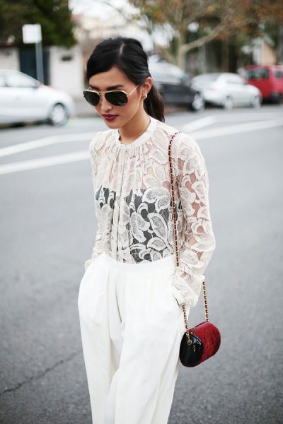 white lace buttoned jacket with wide leg pants