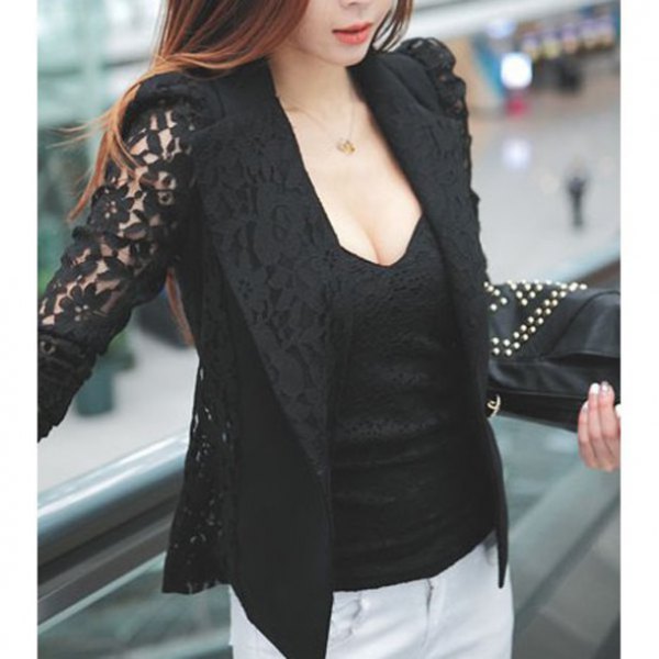 black lace blazer with deep v-neck top and white jeans
