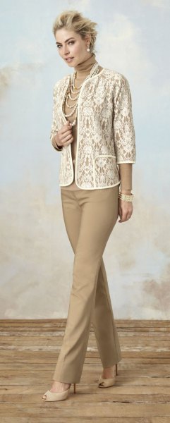 white lace jacket with crepe outfit