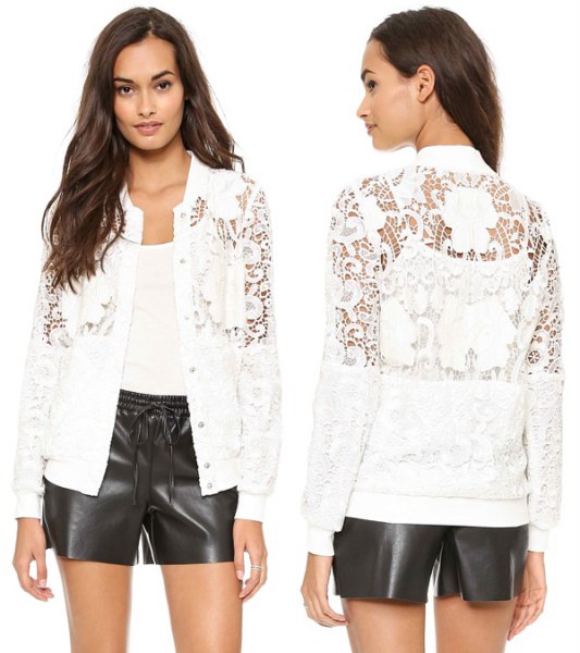 white lace jacket with black leather shorts