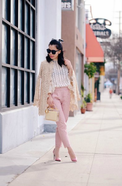ivory lace jacket with white sweater and pink chinos