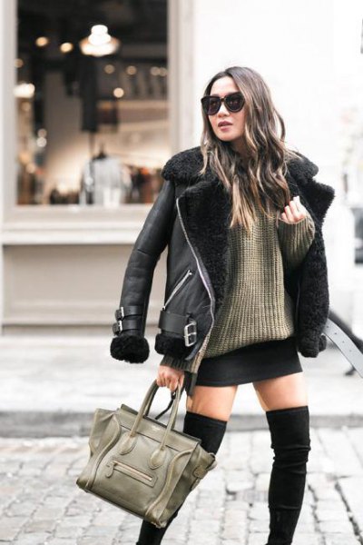 black leather jacket with ribbed chunky sweater mini skirt