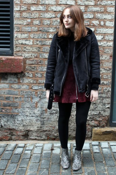 black shearling jacket with dark green suede dress in suede