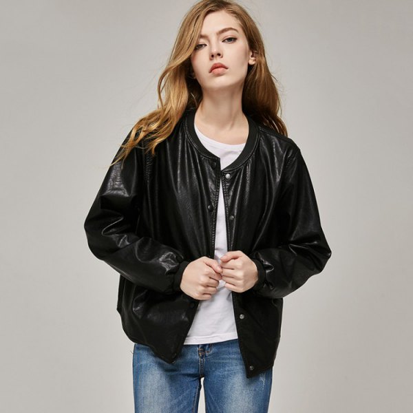 black leather bomber jacket with white tee and blue jeans