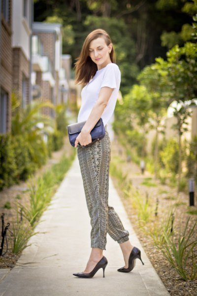 white t-shirt with trousers printed