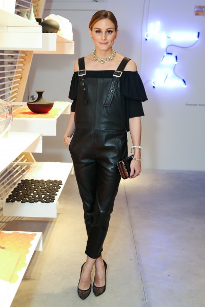 leather overalls with black of the shoulder blouse