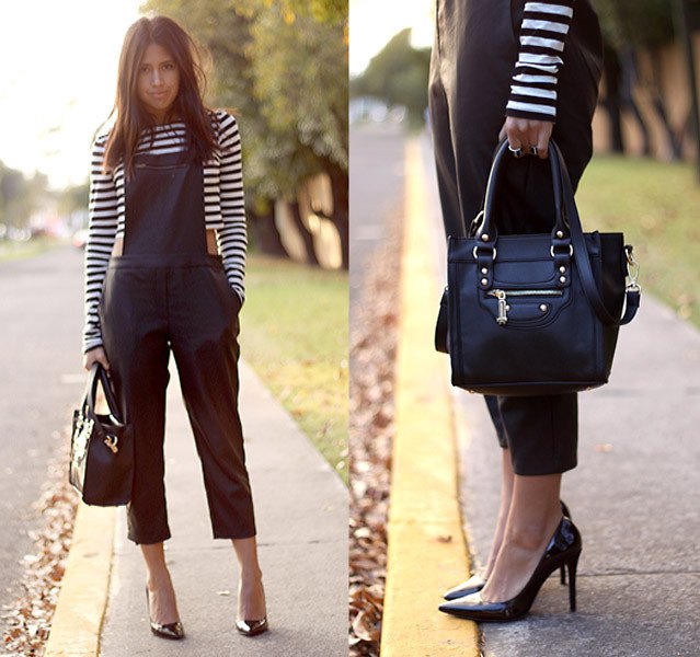 black and white striped long sleeve cropped tee with leather overalls