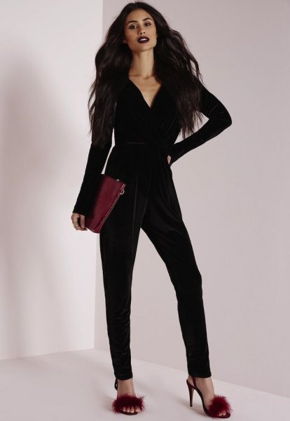 black long-sleeved v-neck velvet jumpsuit