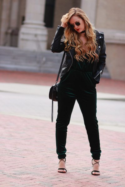 jumpsuit with black leather jacket