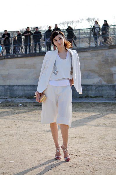all white outfit blazer blouses culottes