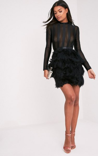 two ton black semi feather mini skirt with silver heels