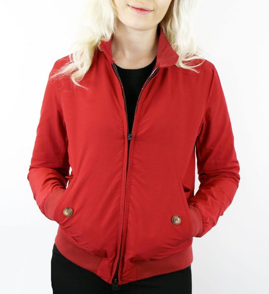 red harrington jacket with all black outfit