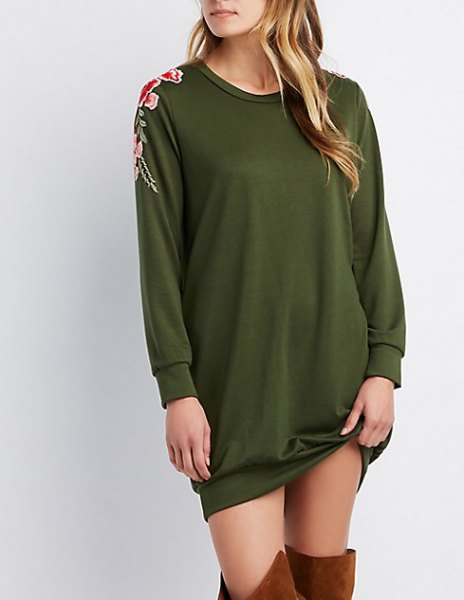 green embroidered sweater with over the knee boots