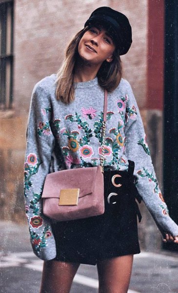 black floral embroidered sweater with mini skirt flat cap