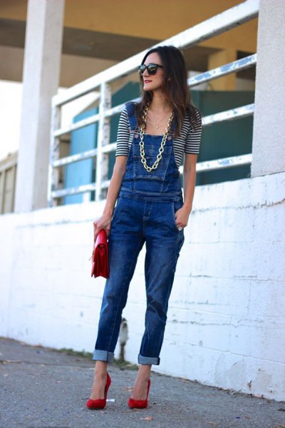 blue denim overalls with striped tee with half sleeve