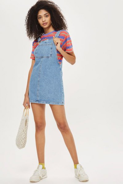 denim pinafore dress with blue and red striped tee