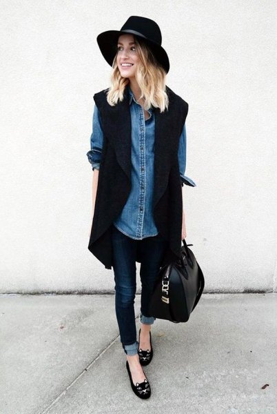 black long sleeve blazer with chambray shirt and felt hat